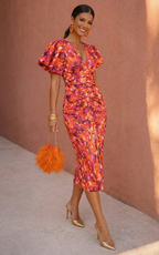 Nelia | Vestido Midi Estampado con Mangas Abullonadas
