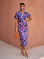 Nelia | Vestido Midi Estampado con Mangas Abullonadas