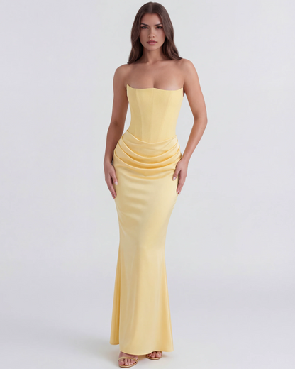 Nives | Vestido largo strapless de crepé satinado en Negro