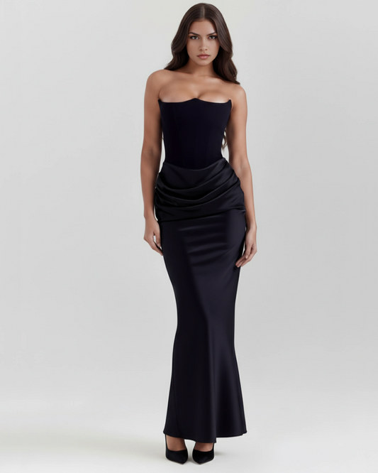 Nives | Vestido largo strapless de crepé satinado en Rojo