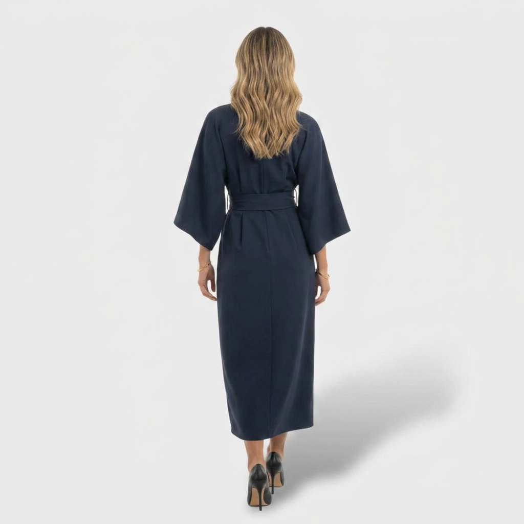 Fiorella | Vestido largo con mangas farol y cinturón